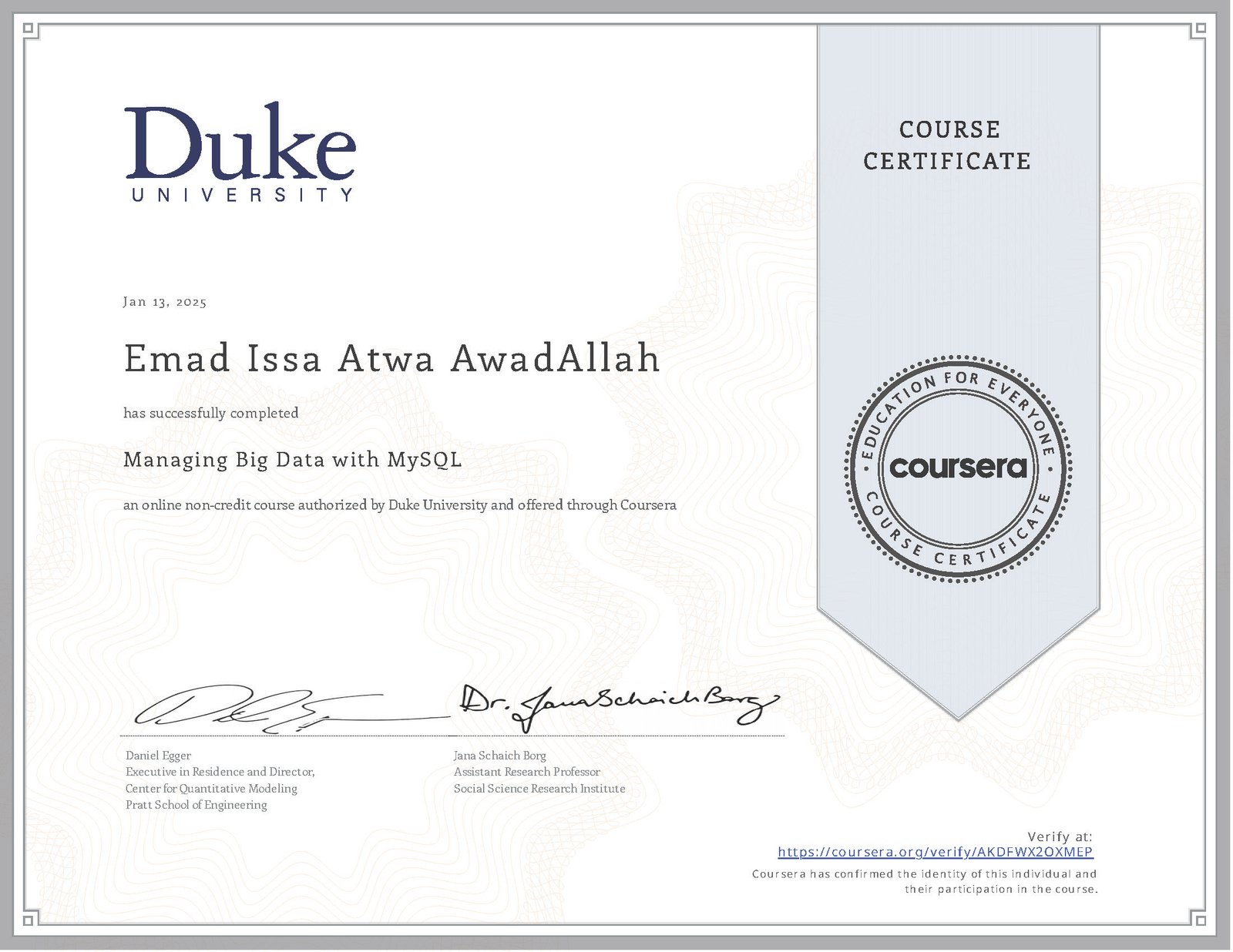 Managing Big Data with MySQL Certificate